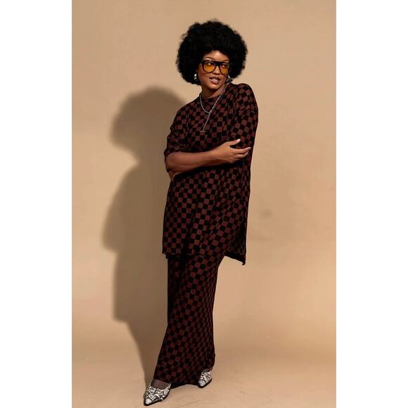 Dressed In LALA Lex Ribbed Playsuit Mocha Brown Black Checkered Set Pants Medium - Picture 2 of 12